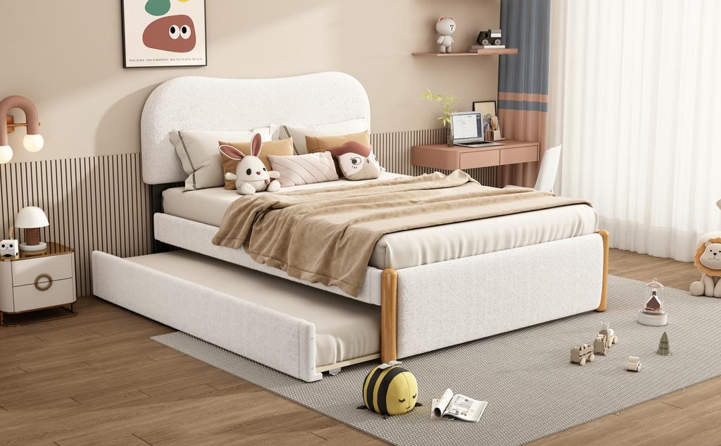 140*200Cm flat bed, upholstered, with practical pull-out rolling bed, minimalist design, white