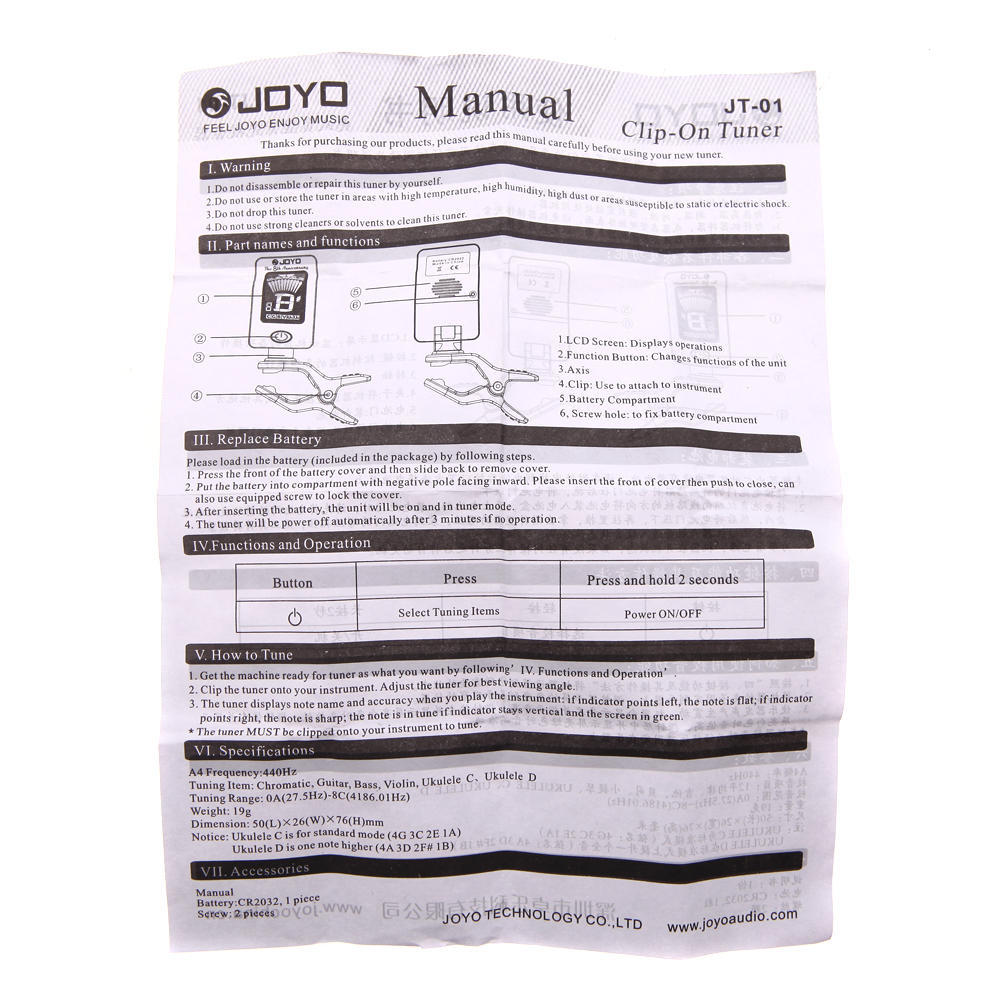 JOYO JT-01 Mini Digital LCD Clip-on Tuner for Chromatic Guitar Bass Violin Ukulele C Ukulele D