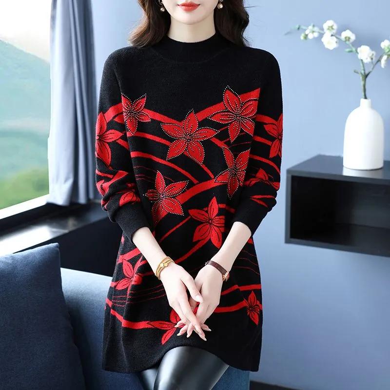 Sweter Damski Jesień Zima Pogrubiony Pulower Ciepły Dzianinowy Elastyczny Długi Rękaw Oversize Jumper Top