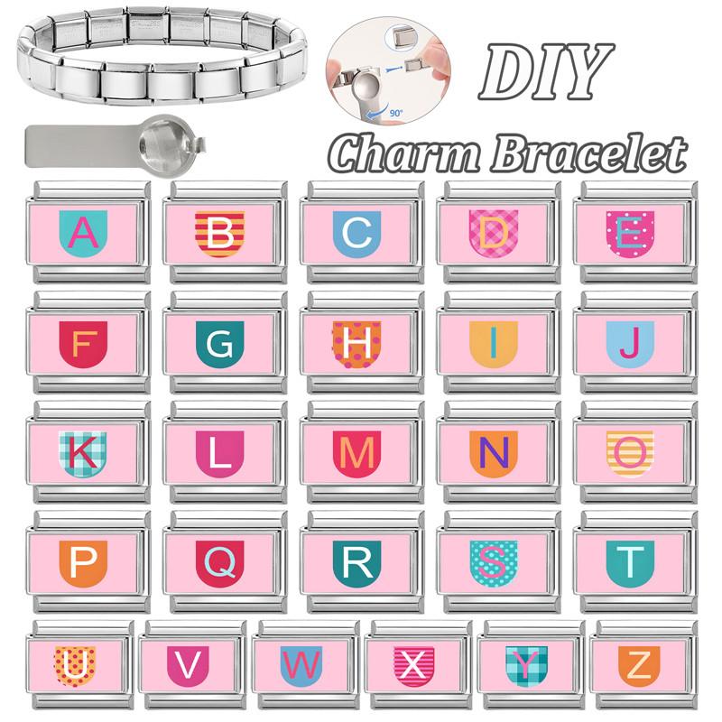 New Lovely 26 English Letter Pink Italian Charm Links Fit 9MM Stainless Steel Bracelet Women Men DIY Birthday Making Gift