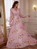 European Chiffon Print Slimming Lantern Sleeve Evening Dress