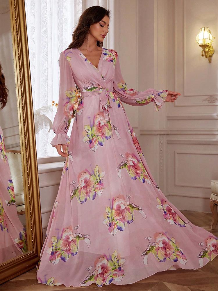 European Chiffon Print Slimming Lantern Sleeve Evening Dress