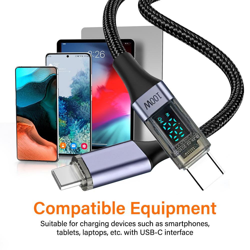 USB C Cable PD 100W Digital Display USB C To C Data Cord 0.5M/1M/2M Quick Charge Type-C Charging Line for Mobile Phone Laptop