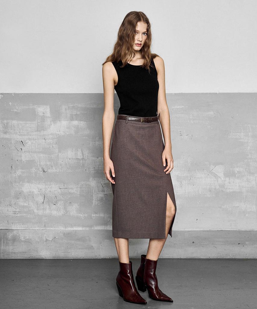 Laneonkyulleoseu Side Slit Pencil Belt Skirt_Brown