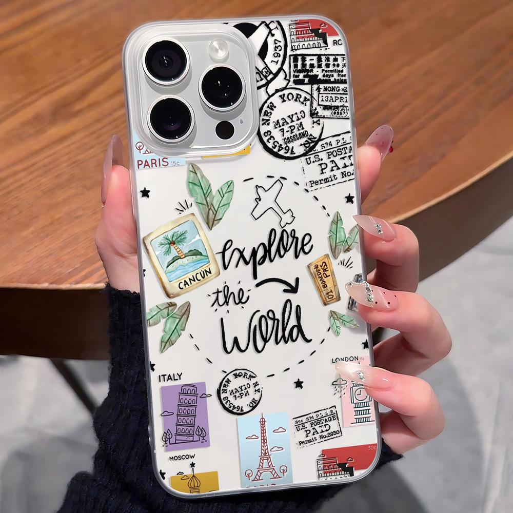 

World Travel Stamp Art Phone Case for iPhone 17 16 15 14 13 12 11 Series Pro Max Plus Double Layer Protection iphone 15 Pro