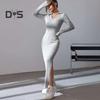 Women Spring Fall Dress V Neck Slit Hem Thread Slim Fit Long Sleeves Ankle Length Knitted Elastic Maxi Dress Shopping Dating Party Dress