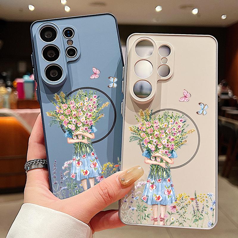Cartoon Flower Girl Pattern Case For Samsung Galaxy S26 Ultra S25 Edge S24 Plus S23 FE S22 A54 A55 A56 5G Magnetic For Magsafe Matte Cover