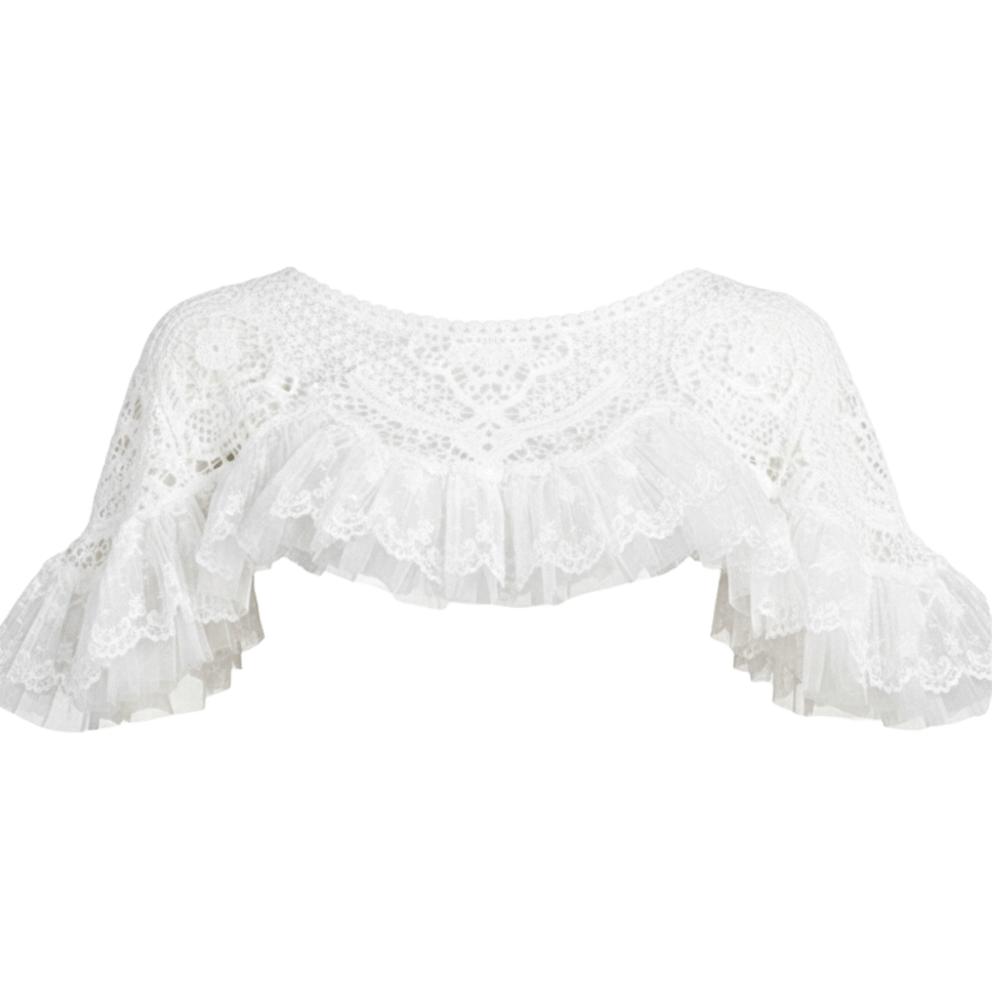 Mesh Trim Cheongsam Crochet Tippet Lace Shawl Cape Coat Layered Hollow-Out Shawl  Women белый