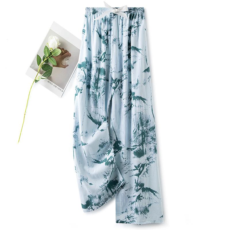 Pantaloni de pijama din bumbac mătase pentru femei, secțiune subțire de vară, anti-țânțari, pantaloni cu picior lat, culoare uni, pentru exterior, casă, petrecere a timpului liber, imprimeu, pantaloni de plajă până la genunchi