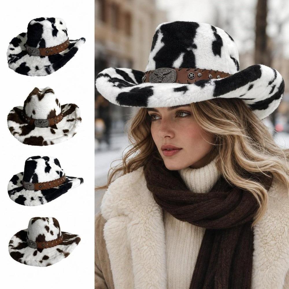 Wide Brim Cow Print Hat Leather Strap Western Cowboy Hat Retro Plush Cowboy Hat Outdoor Travel