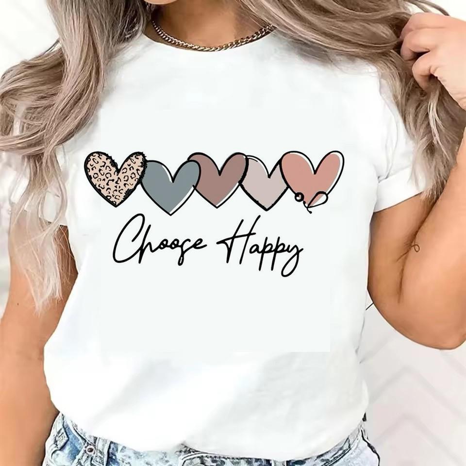 Buchstabe Cartoon Liebe und Herz Grafikdruck T-Shirt Kurzarm Rundhals Oberteil T-Shirt Damenbekleidung