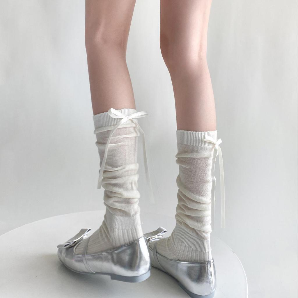 Ruffled Sheer Calf Socks with Heel Ribbons and Bows, Ballet Style, Korean Version.