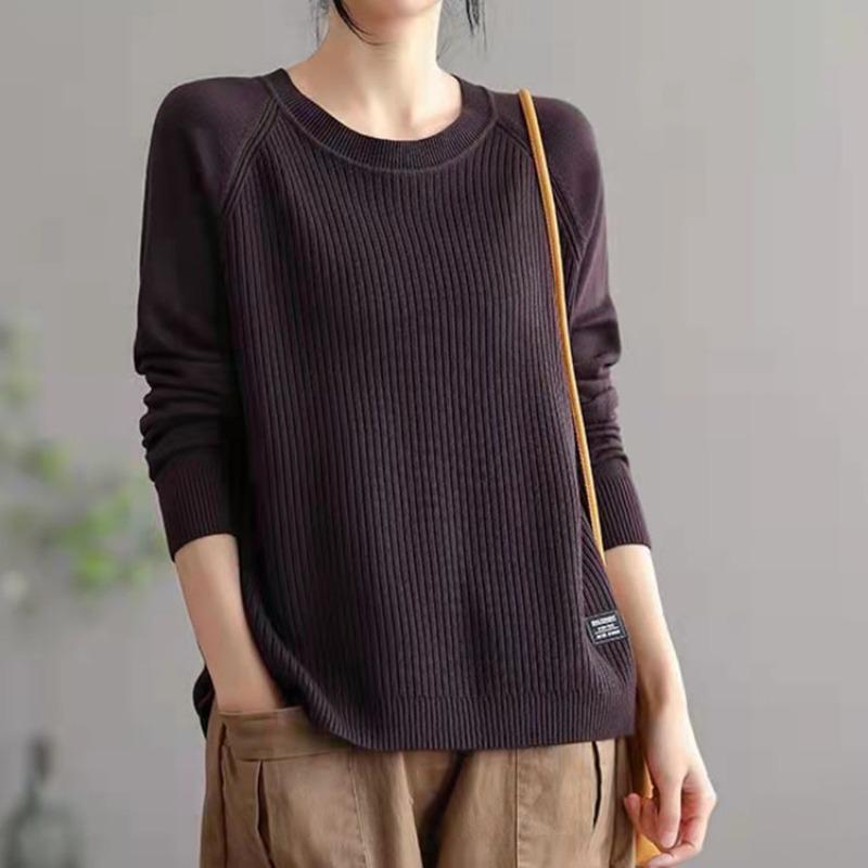 

Классический свитер ранней весны, женский пуловер с длинными рукавами и круглым вырезом, утягивающий край, разрез, вязаный свитер, женский внутренний наряд One Size темно-коричневого