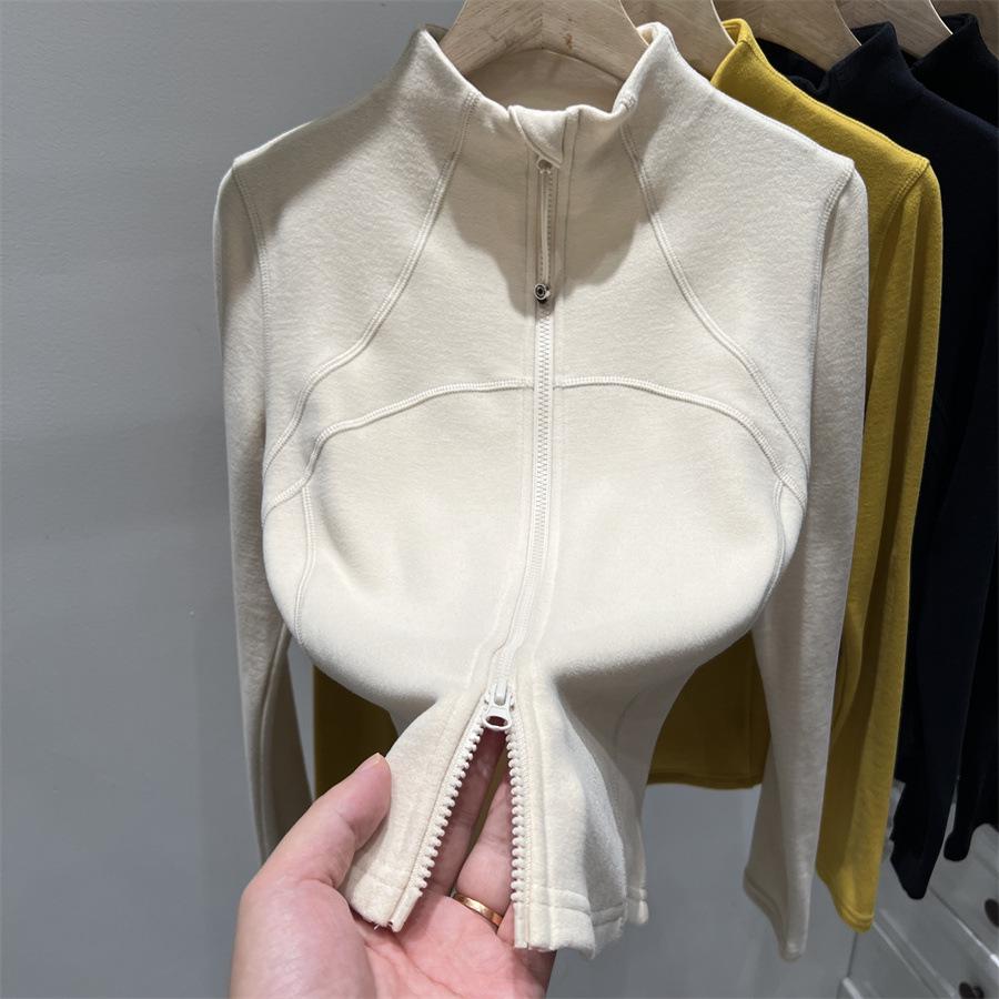 Solid Color Warm Fleece Stand Collar Jacket with Double Zipper and Slim Waist