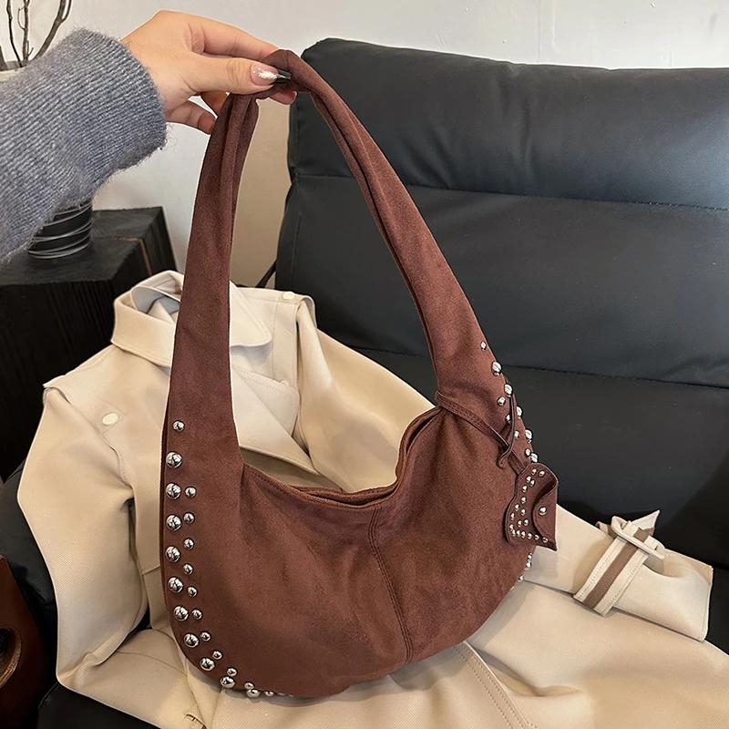 Suede Retro Rivets Design Shoulder Bag for Women 2024 Winter Trend New Y2K Fashion Design Handbags Females Tote Bags