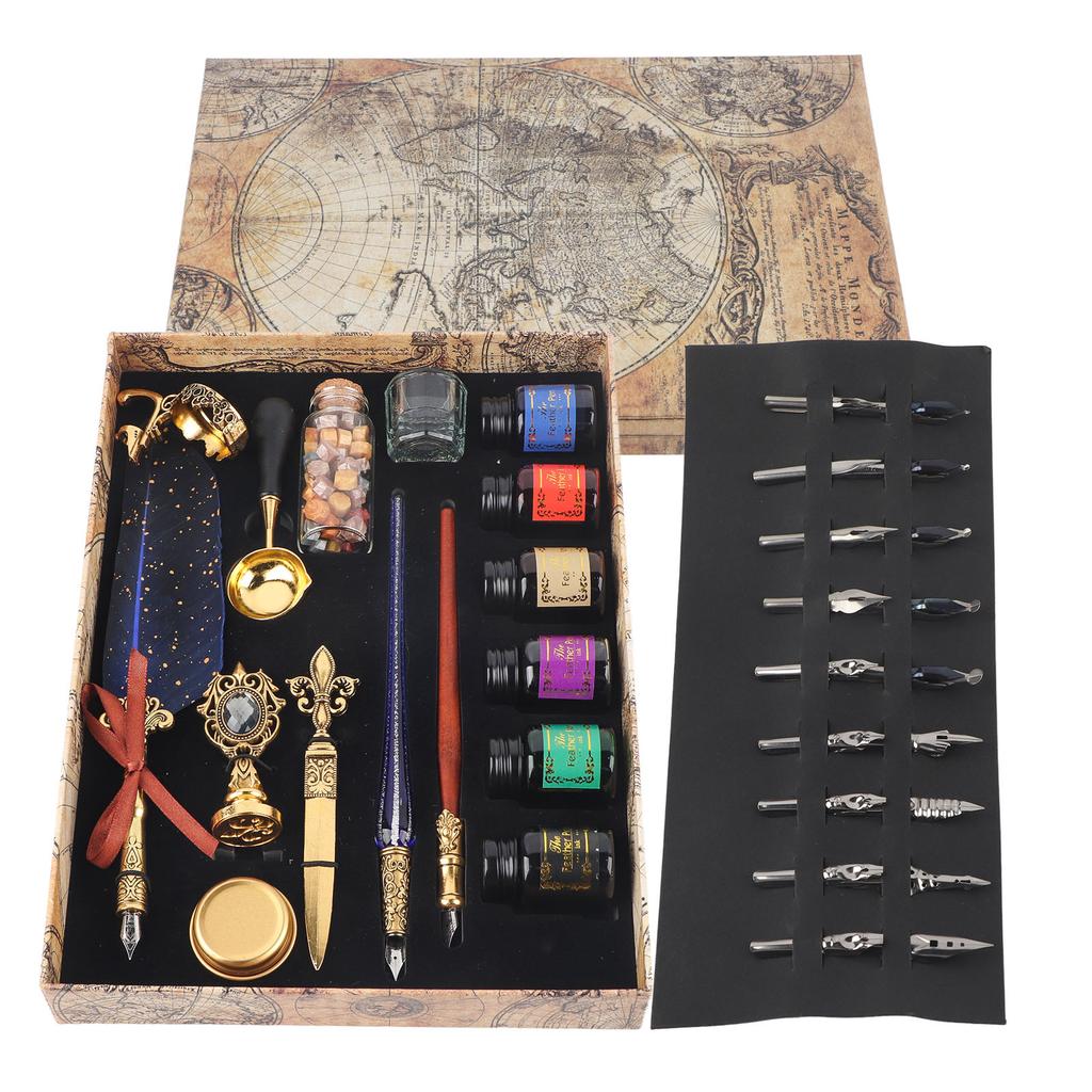 Feather Pen Set European Style British Retro Lacquer Stamp Dipped In Water Quill Pen Set with
