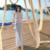 French Mesh Stitching, Beautiful Summer Vacation Dress, Long Dress, Slim Fit, Slightly Transparent, Sexy Hip-wrapped One-word Shoulder Dress.