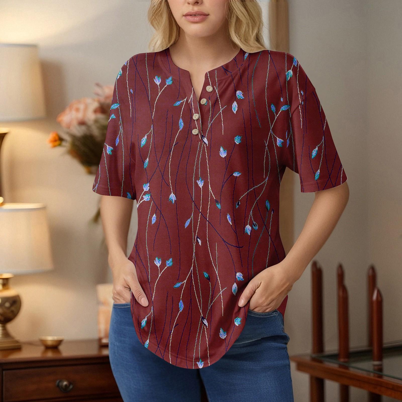 

Короткие рукава женские топы летние футболки цветочный принт V-образный вырез повседневные базовые футболки рубашки на пуговицах туники M винный