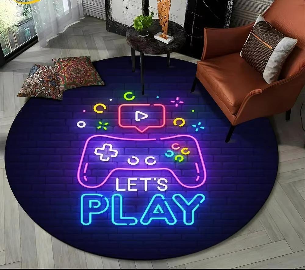 Cartoon Game Controller Round Carpet Non Slip Circle Child Play Mat Washable Rugs for Gamer Bedroom Decor Entrance Doormats