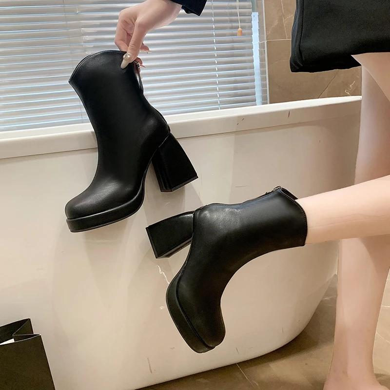 Damen Schuhe Plateau Reißverschluss hinten Damen Stiefel Outdoor Stiefeletten Damen Runde Zehennaht Super Hoher Blockabsatz Schuhe Damen