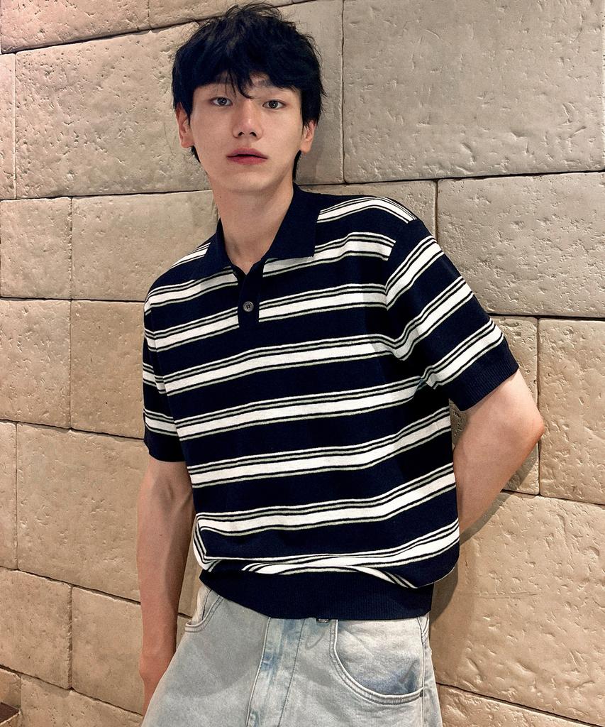 MINDBRIDGE Linen-Like Striped Collared Short Sleeve Knit - 2 Colors