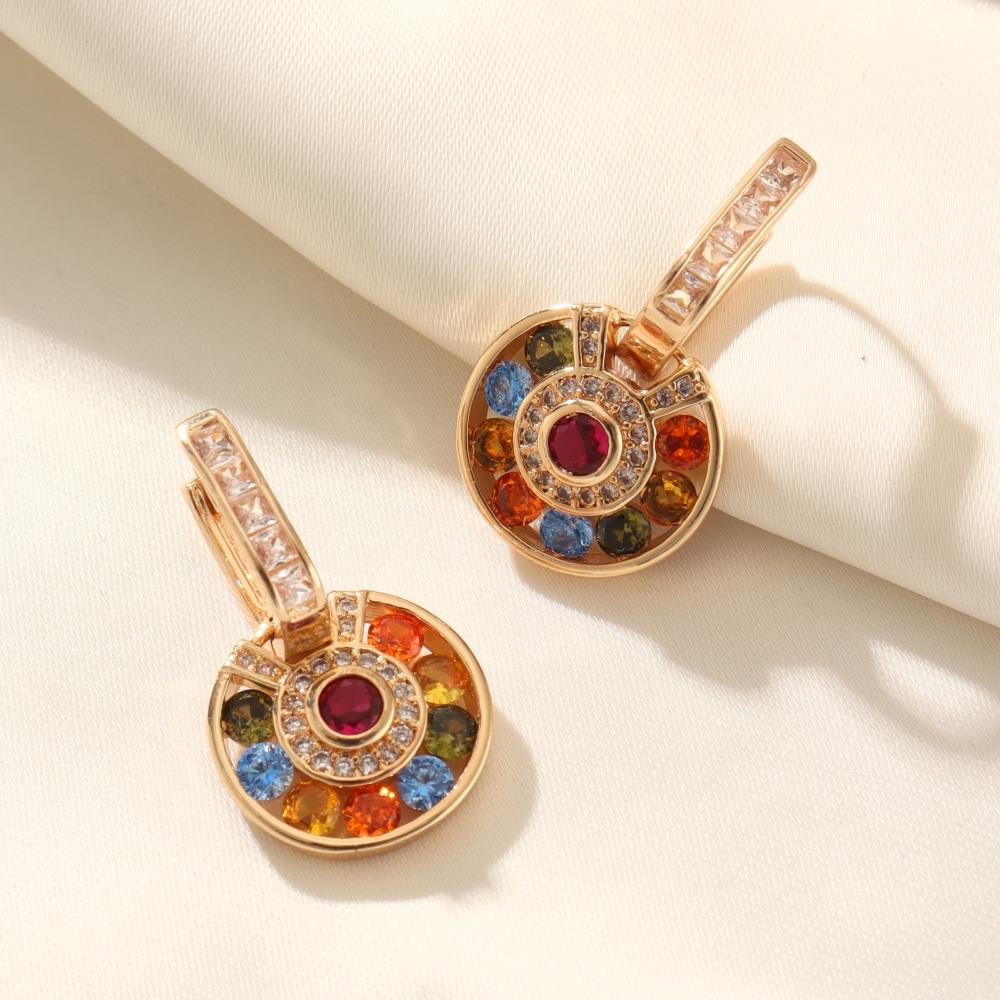 Fashion Round Colorful Zirconia Dangle Earrings for Women Golden Drop Earring Wedding Party Jewelry Accessories