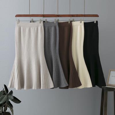 Women's Wrap Hip Sexy Knit Fishtail Skirt High Waist Ruched Solid Soft Comfortable Knit Skirt Fall Winter Elegant Fashion Simple Work Long Skirt