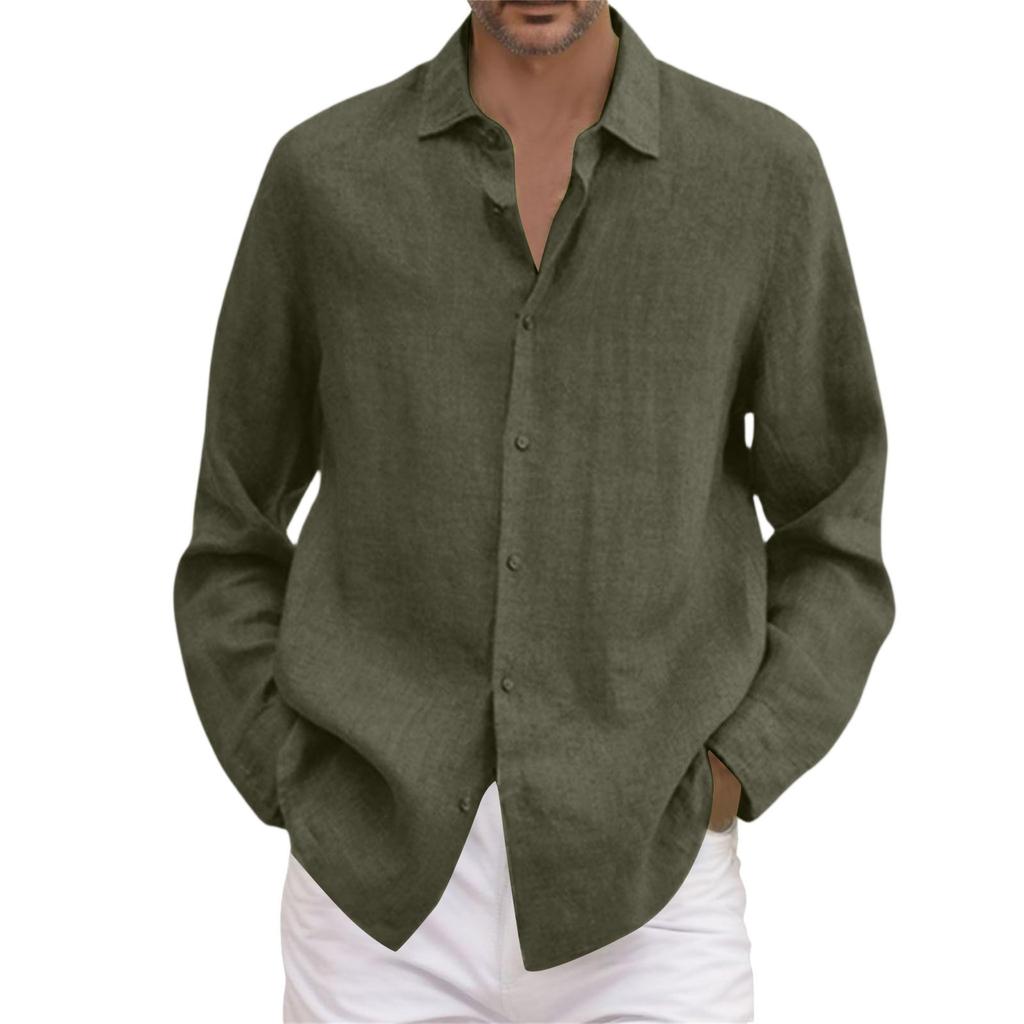 A Man In A Four- Cotton And Linen Long-sleeved, Lapel, Loose Button Cotton And Linen Cardigan Shirt