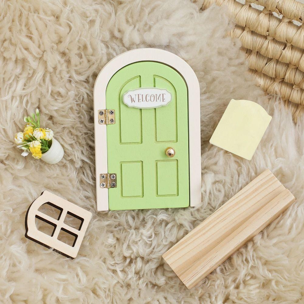 Simulation Balcony Wooden Fairy Elf Door Set Mini Craft Ornaments Fairy Door Fairytale-Style Room Wall Decor Dollhouse Elf Door