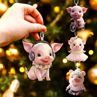 Acrylic Cartoon Pig Hanging Decoration with Bead Chain Car Rearview Mirror Pig Ornament Keychain Backpack Animal Pendant Birthday Gift