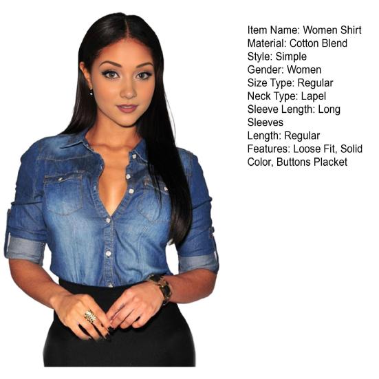 Women Shirt Lapel Long Sleeve Loose Fit Shirt Tops Flap Pockets Buttons Placket Denim