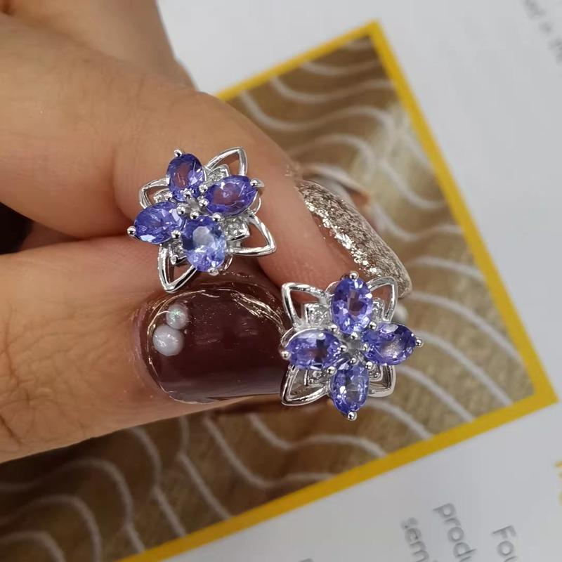 Sace Gems Earrings for Women 100% 925 Sterling Silver Tanzanite Stud Earrings Wedding Party Jewelry Gift