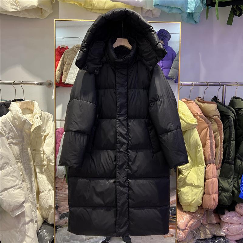 Winter Big Quilt Down Jacket Women's Medium and Long Over the Knee Loose Thickened White Duck Down Take-off Hat Jacket