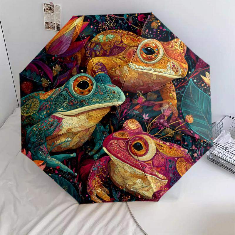 Colorful Frog pattern, automatic folding umbrella, portable and foldable design, 8 ribs, a Christmas or birthday gift.