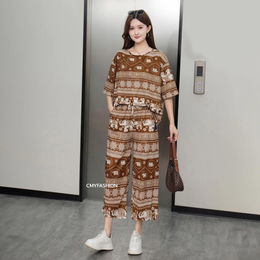 Słoń Spodnie Szorty Koszula Zestaw Okrągły Dekolt Krótki Rękaw Regulowany Elastyczny Pasek Pasek Kobiety Nadruk Casual Plaża Boho Bohemski Retro Vintage