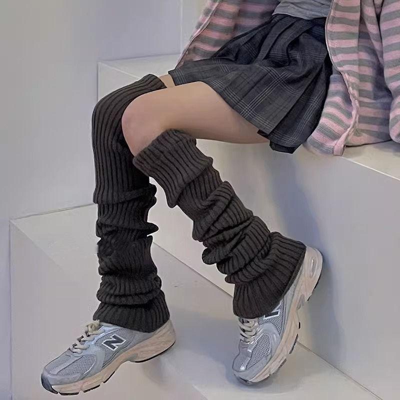 Japanese Style Solid Knit Thick Mid Calf Leg Warmers Women JK Uniform Y2K Stacked Socks Layered Leggings