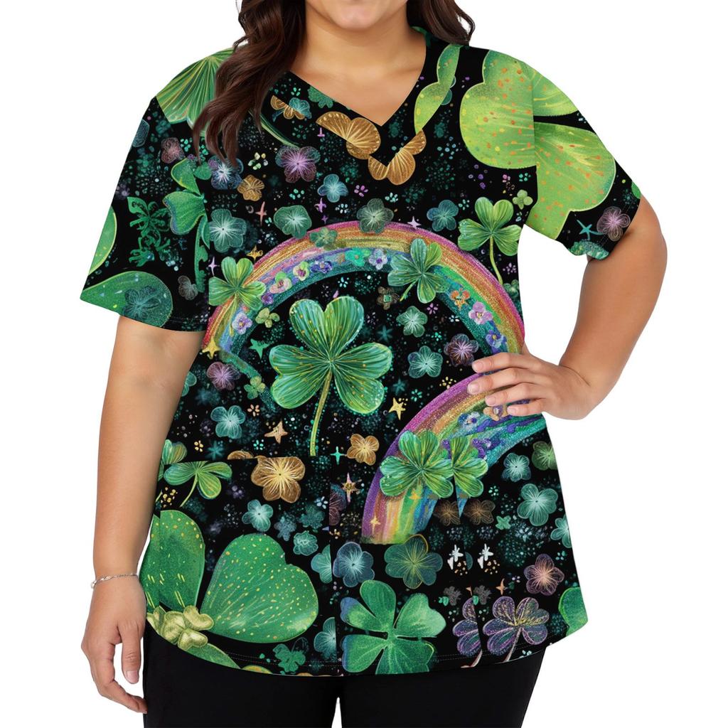 Women's Fashion V-neck Short Sleeve Workwear With Pockets Printed Tops
