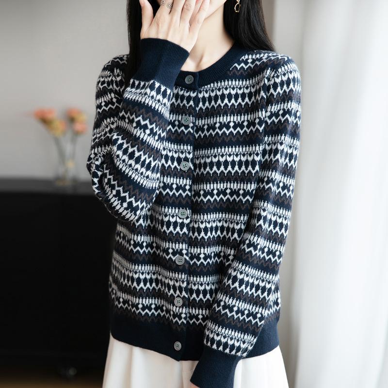 New Autumn and Winter Casual Loose Coat Sweater Knitted Top Round-neck Color-blocking Striped Knitted Cardigan for Women