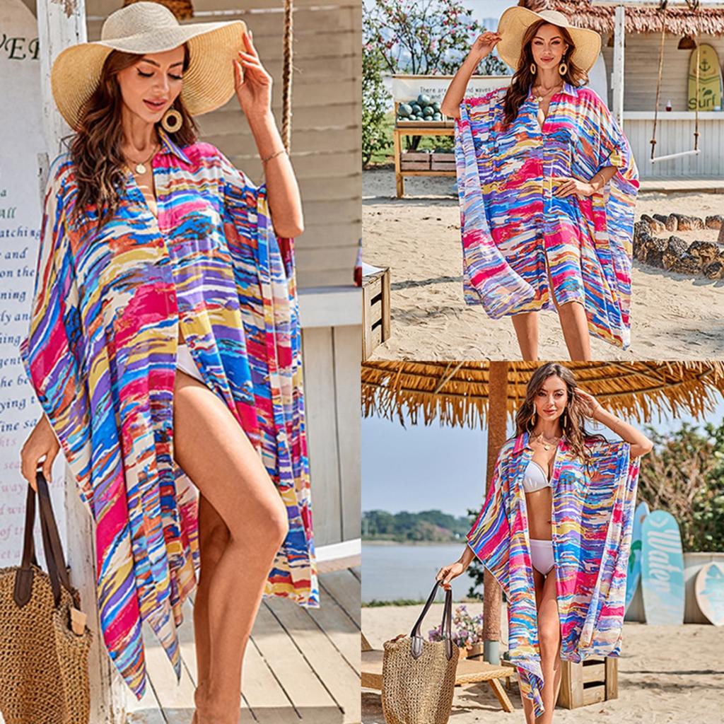 Printed Shirt Beach Jacket Bikini with Sun Protection Cardigan Vacation Swimsuit Blouse