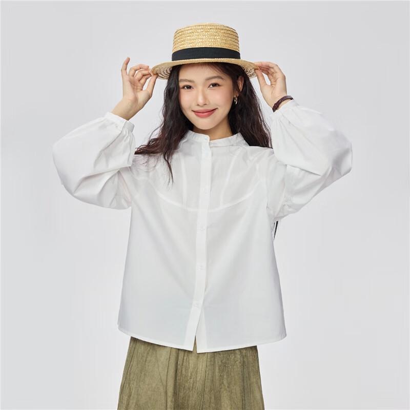 GIORDANO Women's Pure Cotton Stand Collar Lantern Sleeve Loose Shirt