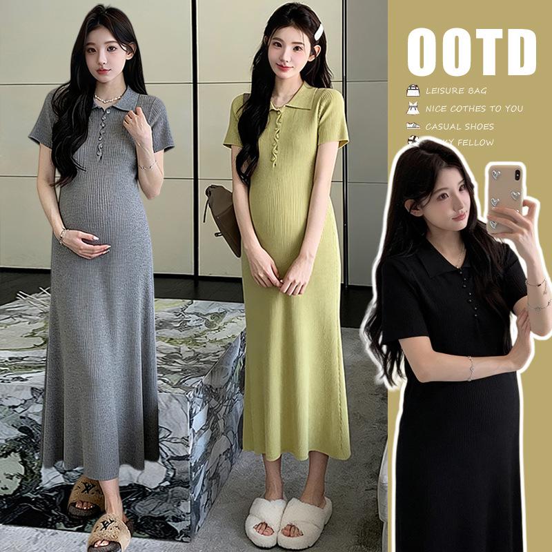 2026 Summer Polo Collar Stretchy Slim-Fit Maternity Dress - Flattering & Fashionable Large