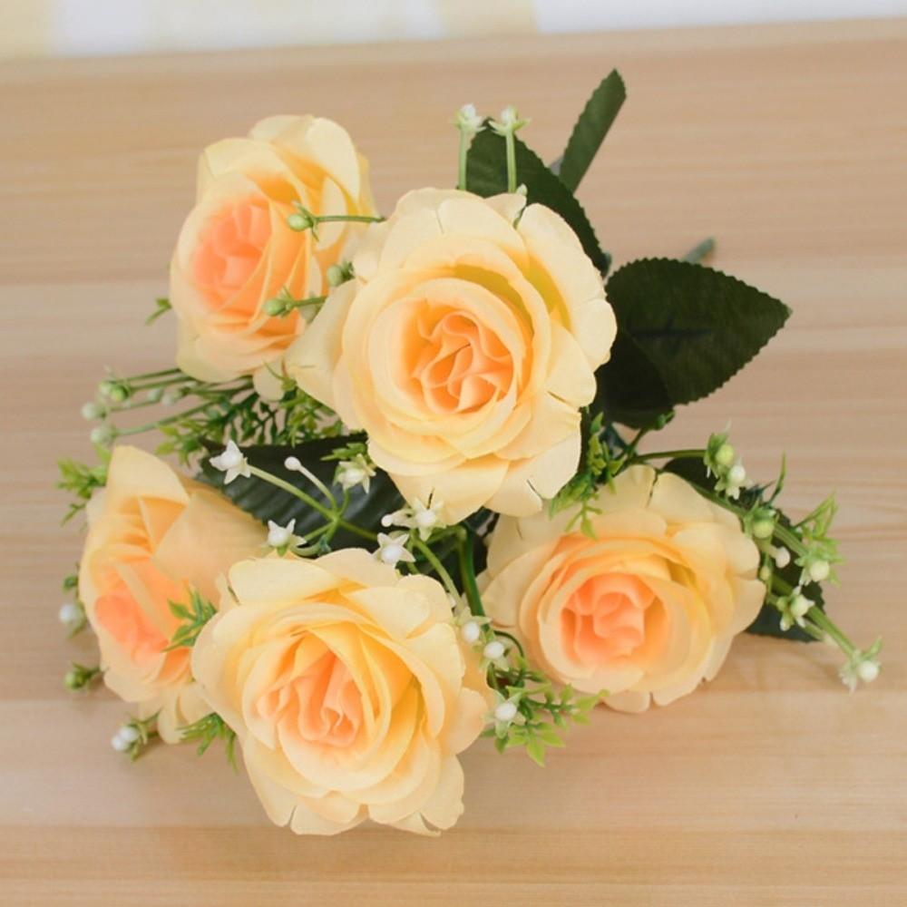 New 5 Heads Real Happy Flower Silk Photography Photo Gift Natural Simulated Rose Buds Crystal Grass Bouquet Home Decorative
