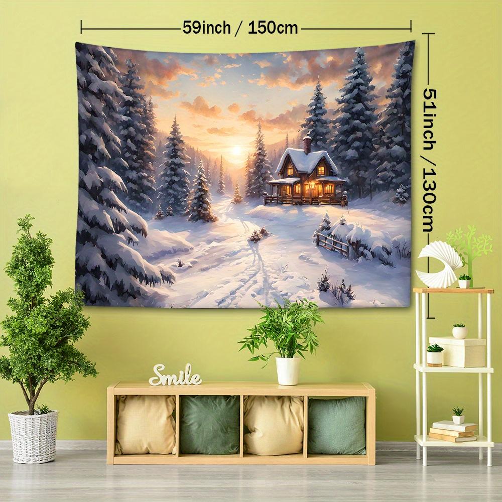 Christmas Snow Mountain & House Tapestry - Festive Wall Hanging for Living Room, Bedroom Decor | Durable Polyester, Easy Care | Multiple Sizes Availab