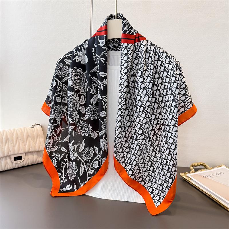 Korean Version Of Flower Simulation Silk High-End Printing Large Square Scarf Silk Scarf Shawl Headscarf Neck Protection Scarf Decorative Scarf