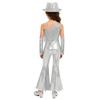 Kids Girls Jazz Disco Dance Jumpsuit Sleeveless One Shoulder Sequins Tassels High Waist Flared with Gloves and Fedora Hat for Banquet Pageant Party