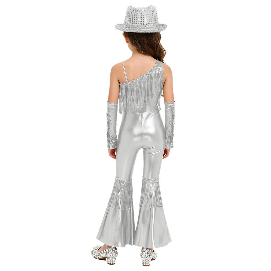 Kids Girls Jazz Disco Dance Jumpsuit Sleeveless One Shoulder Sequins Tassels High Waist Flared with Gloves and Fedora Hat for Banquet Pageant Party