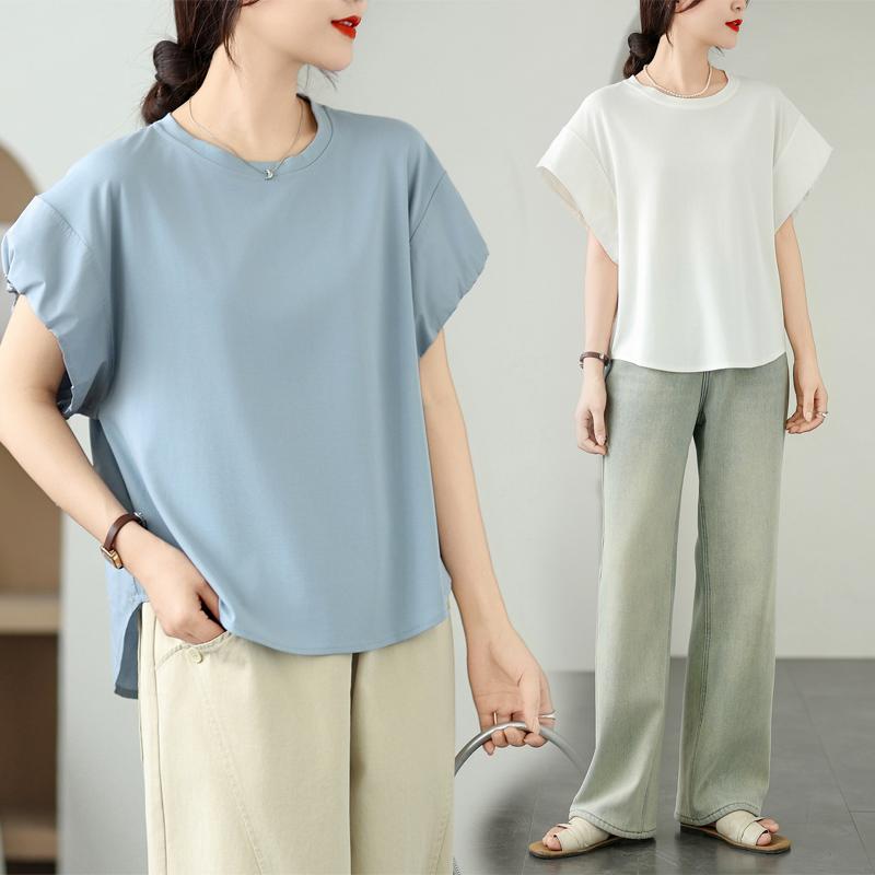 

DIMANAF 2025 Summer Plus Size T-Shirt Vintage Women Short Sleeve Solid Short Loose Elegant Tops Tees One Size білий