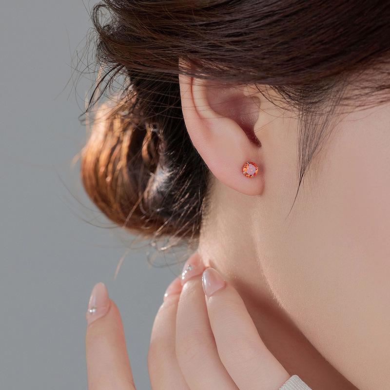 Banyan Tree S999 Silver Birthstone Earrings: Women's Four-Claw Colored Diamond Ear Studs for Everyday Wear