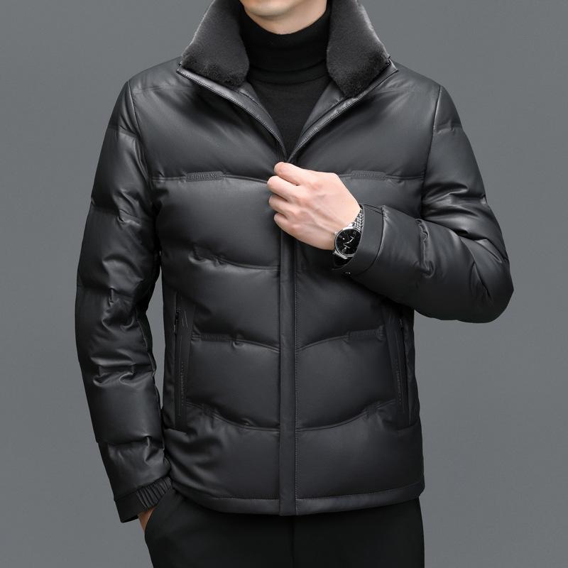 Doudoune en peau de mouton pour homme, hiver, velours épaissi, courte en laine, col montant, décontractée, veste en cuir