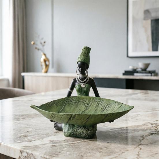 African Woman Holding Leaf Bowl Resin Statue Tribal Kneeling Figurine Jewelry Tray Desktop Decorative Snack Holder for Home Shelf Decor